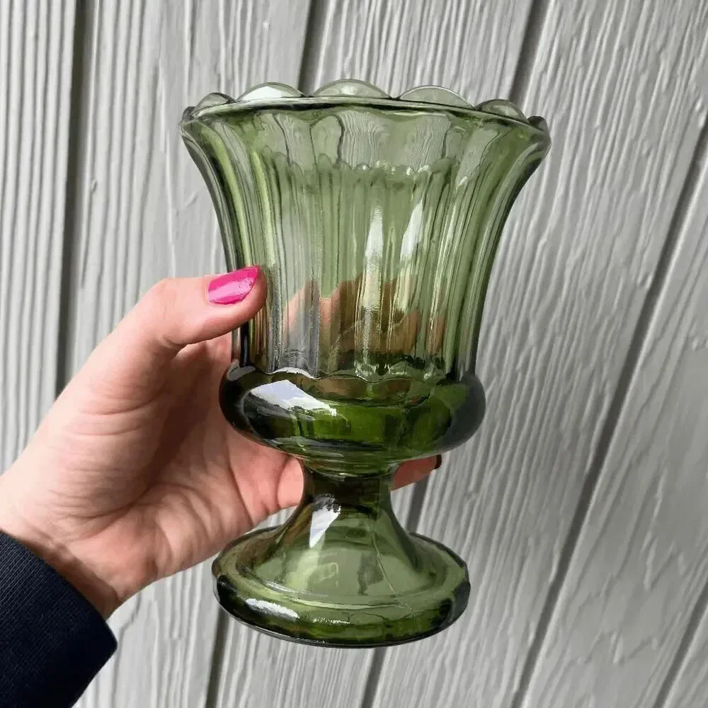 3 Piece VTG Indiana Glass Avocado Green Pedestal Vases + Amber Mount Vernon Set